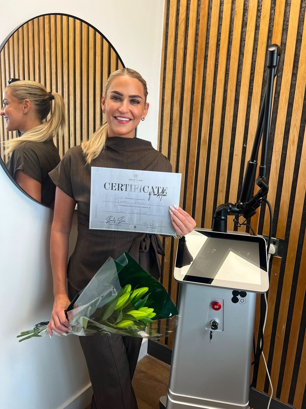 Jade Peel with her CO2 laser certificate